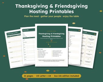 Thanksgiving Hosting Printables Bundle, Friendsgiving Planner, Dinner Menu Planner, Potluck Sign Up Sheet, Place Cards, US Letter & A4