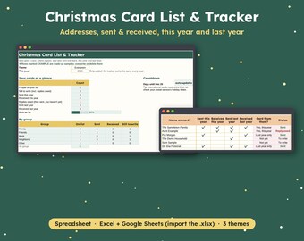 Christmas Card List Spreadsheet, Holiday Card Address Tracker, Sent and Received Card Log, Christmas Mailing List, Google Sheets & Excel