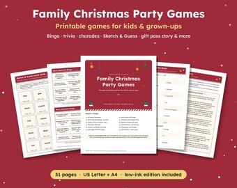Family Christmas Games Bundle, Printable Party Games for Kids and Adults, Party Bingo, Trivia, Charades, Gift Pass Story, Letter & A4