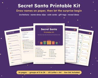 Utskrivbart kit med hemlig tomte, namnteckningskort, önskekort, presentetiketter, inbjudningar, presentutbyte för kontor och familj, PDF, US Letter A4