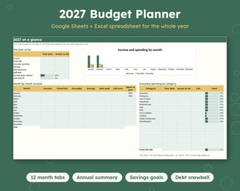 2027 Budget Planner Spreadsheet, Monthly Budget Template, Bill Tracker & Savings Goal Tracker, Debt Snowball, Google Sheets, Excel