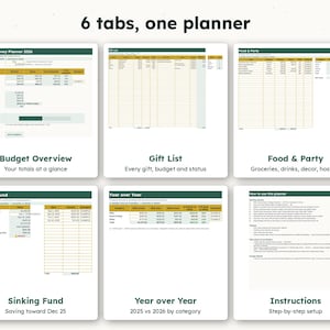 May include: A digital holiday money planner featuring six distinct tabs: Budget Overview, Gift List, Food & Party, Sinking Fund, Year over Year, and Instructions. The interface displays tables, progress bars, and financial data fields.
