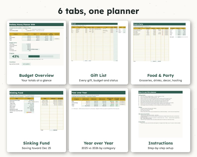 May include: A digital holiday money planner featuring six distinct tabs: Budget Overview, Gift List, Food & Party, Sinking Fund, Year over Year, and Instructions. The interface displays tables, progress bars, and financial data fields.