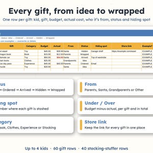 Kids Christmas Gift Tracker 2026, Gift List for Parents, Santa Gift Tracker, Stocking Stuffer List, Fair Gifts for Siblings, Excel Bild 2
