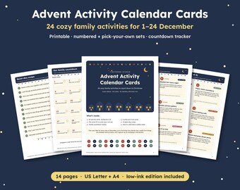 Advent Activity Calendar Cards, 24 Printable Christmas Countdown Activities for Kids and Families, Advent Calendar Fillers, US Letter & A4