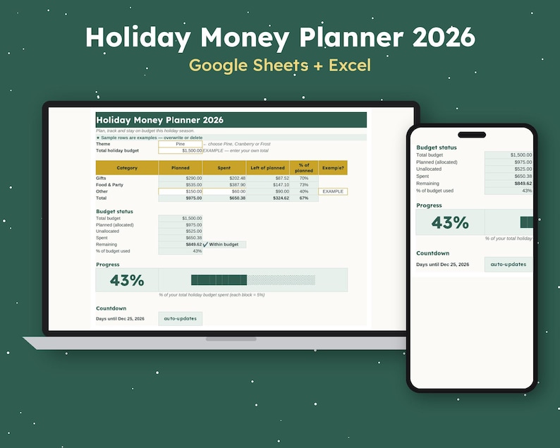 May include: A digital Holiday Money Planner 2026 for Google Sheets and Excel displayed on a laptop and smartphone screen. The interface shows budget categories, spending totals, a 43% progress bar, and a countdown to December 25, 2026.