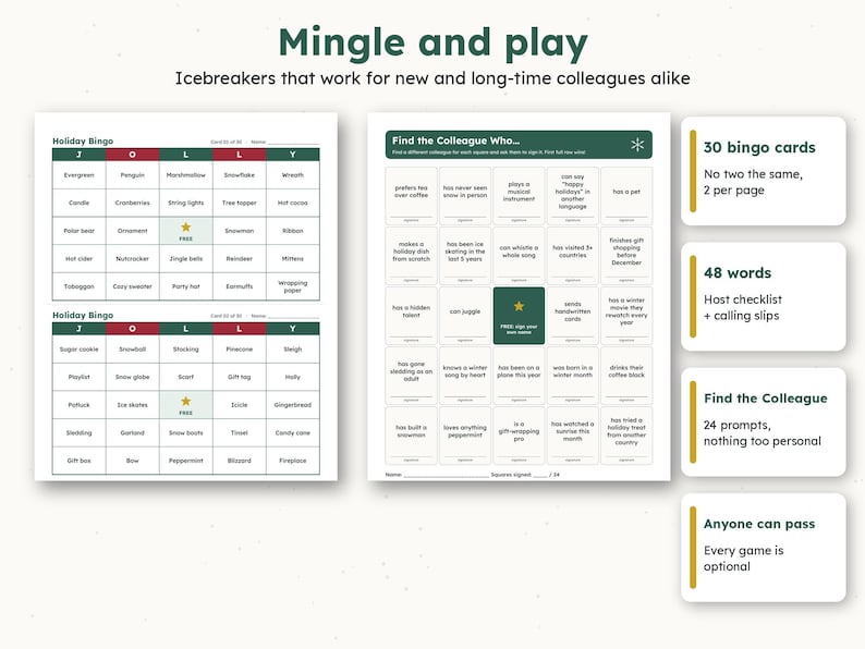 Office Christmas Party Games Bundle, Printable Holiday Bingo, Trivia, Charades, Icebreaker & Gift Swap, Work Party Games, US Letter and A4 bild 3