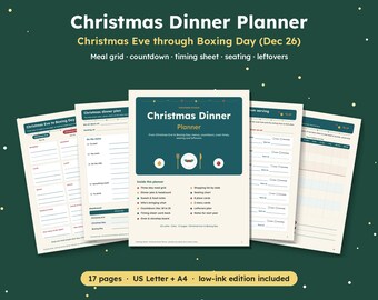 Weihnachtsmenüplaner zum Ausdrucken, Kochzeitplan & Ofenplan, Sitzplan, Tischkarten, Menükarten, PDF