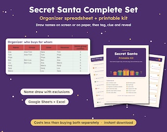 Komplett set med hemlig tomte, kalkylblad för namnteckning och utskrivbart kit, matchningskort, draglappar, presentetiketter, önskekort, presentutbyte för kontoret