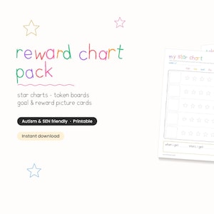 Op de afbeelding: Een beloningskaartpakket met sterrenkaarten, tokenborden en doel- en beloningsplaatjes. De tekst luidt reward chart pack, star charts - token boards, goal & reward picture cards, Autism & SEN friendly, Printable, Instant download, my star chart en token boards.