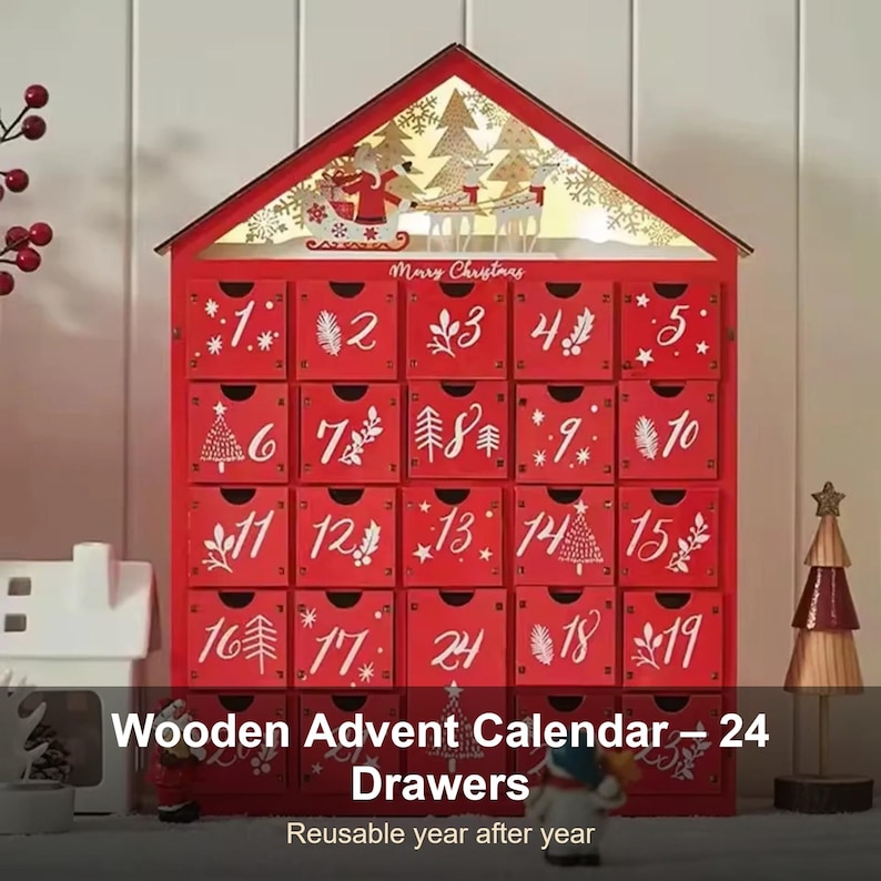 Wooden Advent Calendar With 24 Drawers, Reusable Christmas Village ...