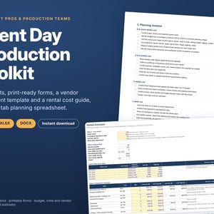 May include: Event Day Production Toolkit featuring checklists, print-ready forms, a vendor agreement template, a rental cost guide, and a 6-tab planning spreadsheet. Includes PDF, XLSX, and DOCX files with text detailing planning timelines and rental estimators.