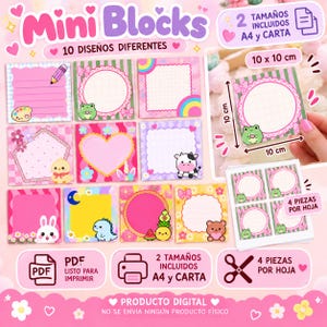 Pode incluir: Um conjunto digital de 10 mini blocos imprimíveis com notas coloridas que apresentam ilustrações de sapo, pintinho, vaca, coelho, dinossauro, urso e frutas. As notas incluem padrões de grade e linhas, com texto indicando 2 tamanhos incluídos, A4 e Carta, e 4 peças por folha.