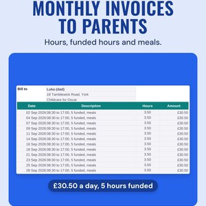 Printable A4 invoice to a parent listing each day with hours and funded hours