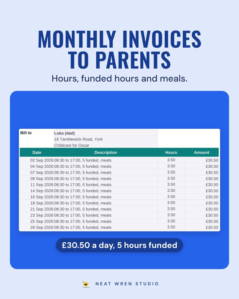 Printable A4 invoice to a parent listing each day with hours and funded hours