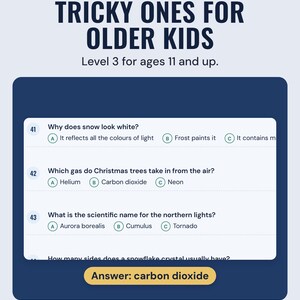 Level 3 kids trivia questions, such as which gas do Christmas trees take in from the air, under the headline Tricky ones for older kids, with the answer carbon dioxide.
