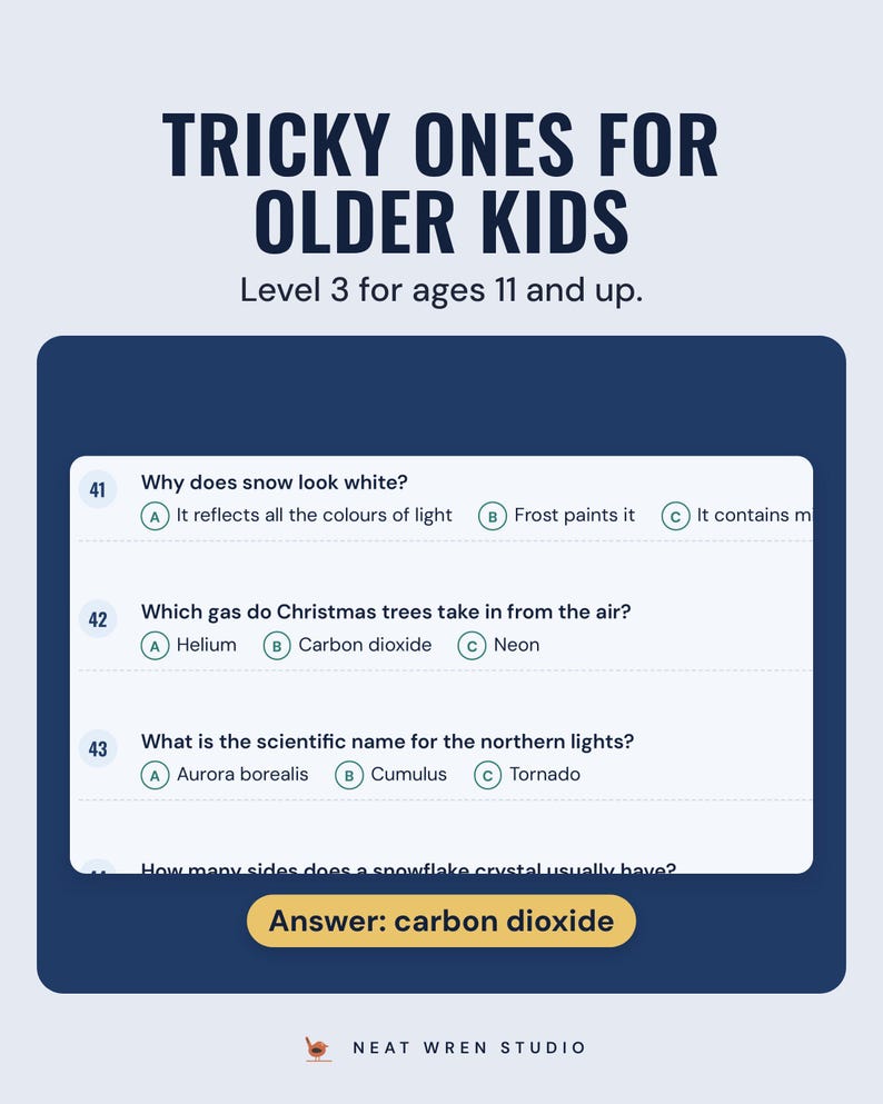 Level 3 kids trivia questions, such as which gas do Christmas trees take in from the air, under the headline Tricky ones for older kids, with the answer carbon dioxide.