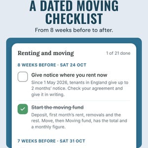 The app's renting and moving checklist with dated weeks, such as give notice 8 weeks before, under the headline A dated moving checklist.