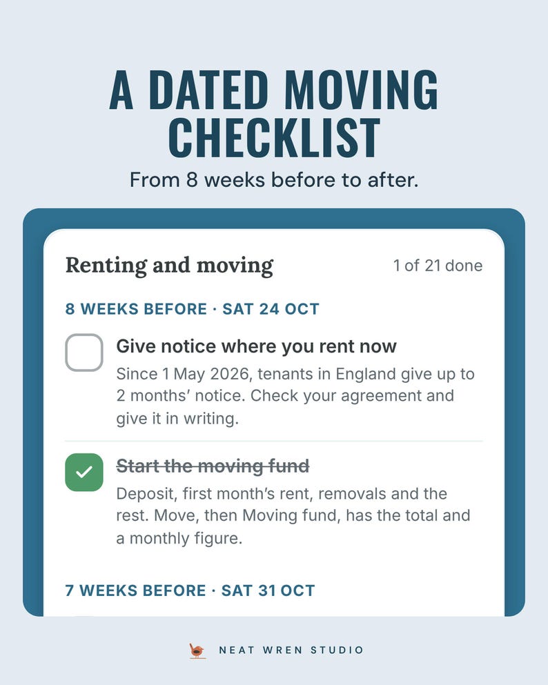 The app's renting and moving checklist with dated weeks, such as give notice 8 weeks before, under the headline A dated moving checklist.