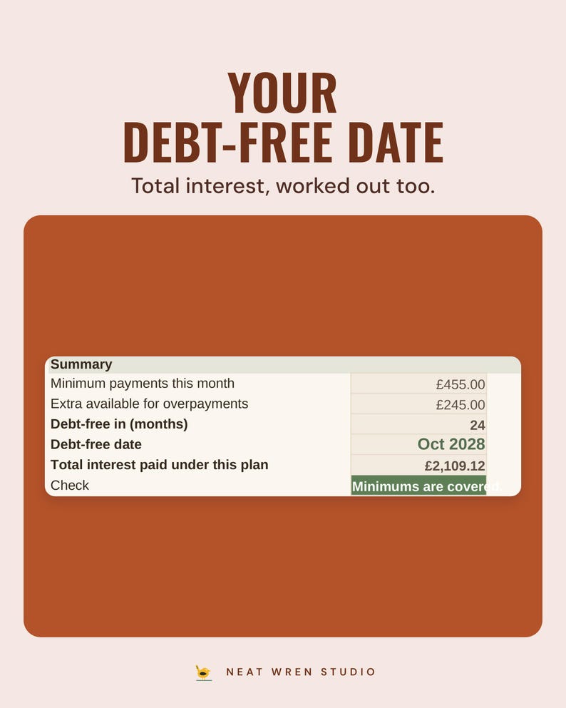 The summary box with debt-free in 24 months, a debt-free date of Oct 2028 and £2,109.12 total interest, under the headline Your debt-free date.