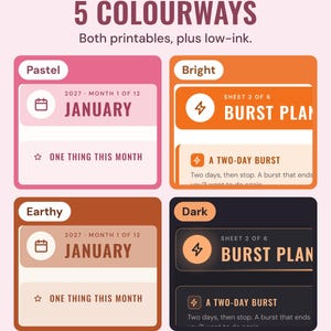 Four of the five colourways, Pastel, Bright, Earthy and Dark, shown on the printables; low-ink is the fifth.