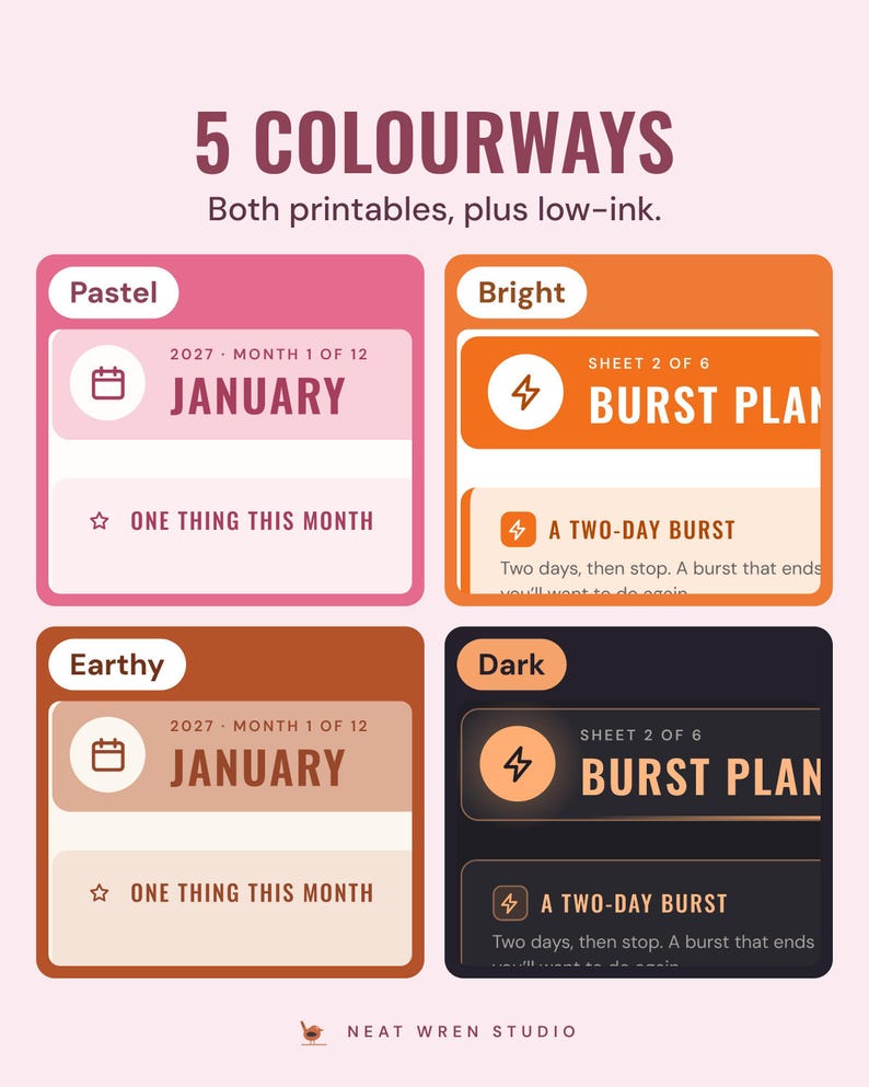 Four of the five colourways, Pastel, Bright, Earthy and Dark, shown on the printables; low-ink is the fifth.
