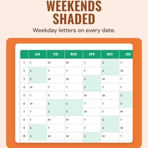 The top of the 2027 wall planner with months as columns, a weekday letter on every date and weekends shaded green, under the headline Weekends shaded.