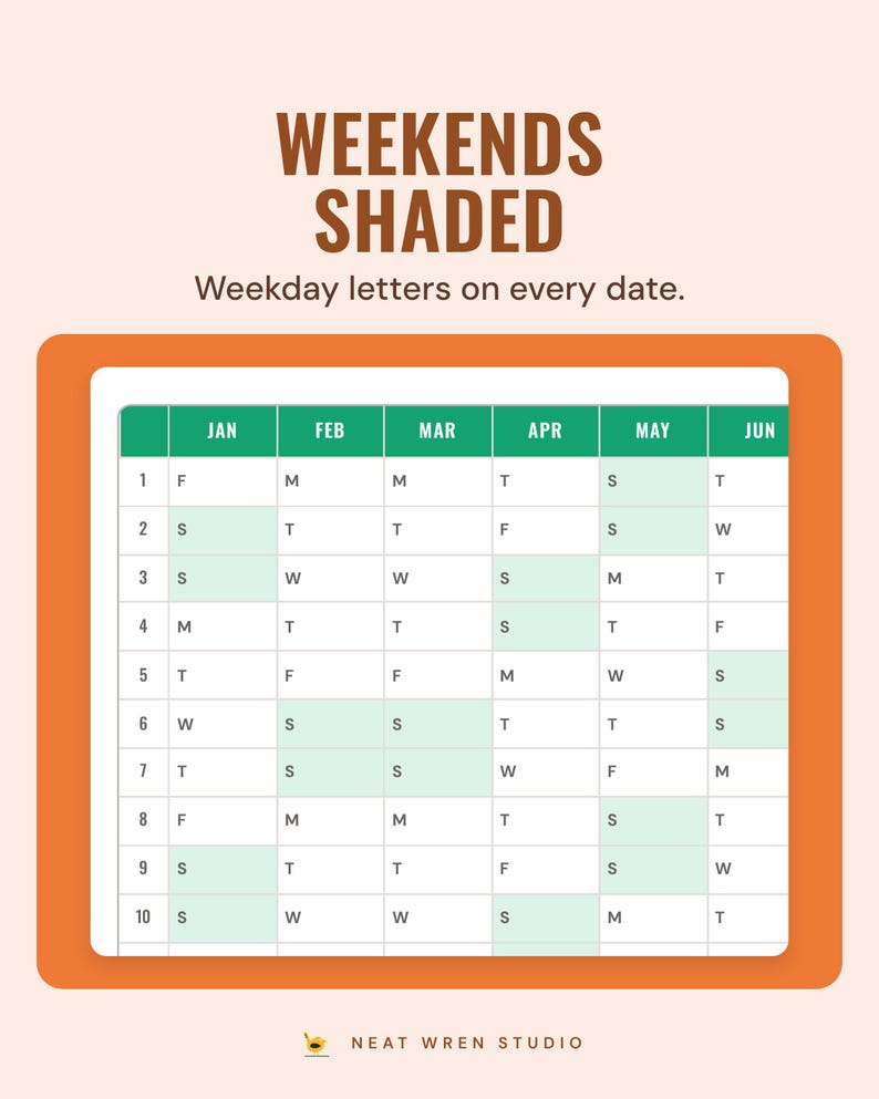 The top of the 2027 wall planner with months as columns, a weekday letter on every date and weekends shaded green, under the headline Weekends shaded.