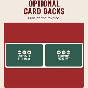 Two green Christmas Pictionary card backs, under the headline Optional card backs, and the line Print on the reverse.