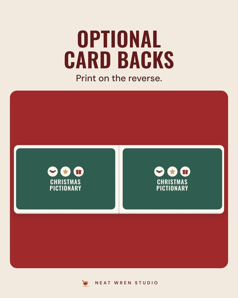 Two green Christmas Pictionary card backs, under the headline Optional card backs, and the line Print on the reverse.