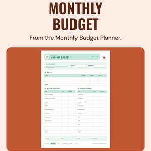 The monthly budget sampler page with money in, bills and fixed costs and everyday spending tables, under the headline Monthly budget, from the Monthly Budget Planner.