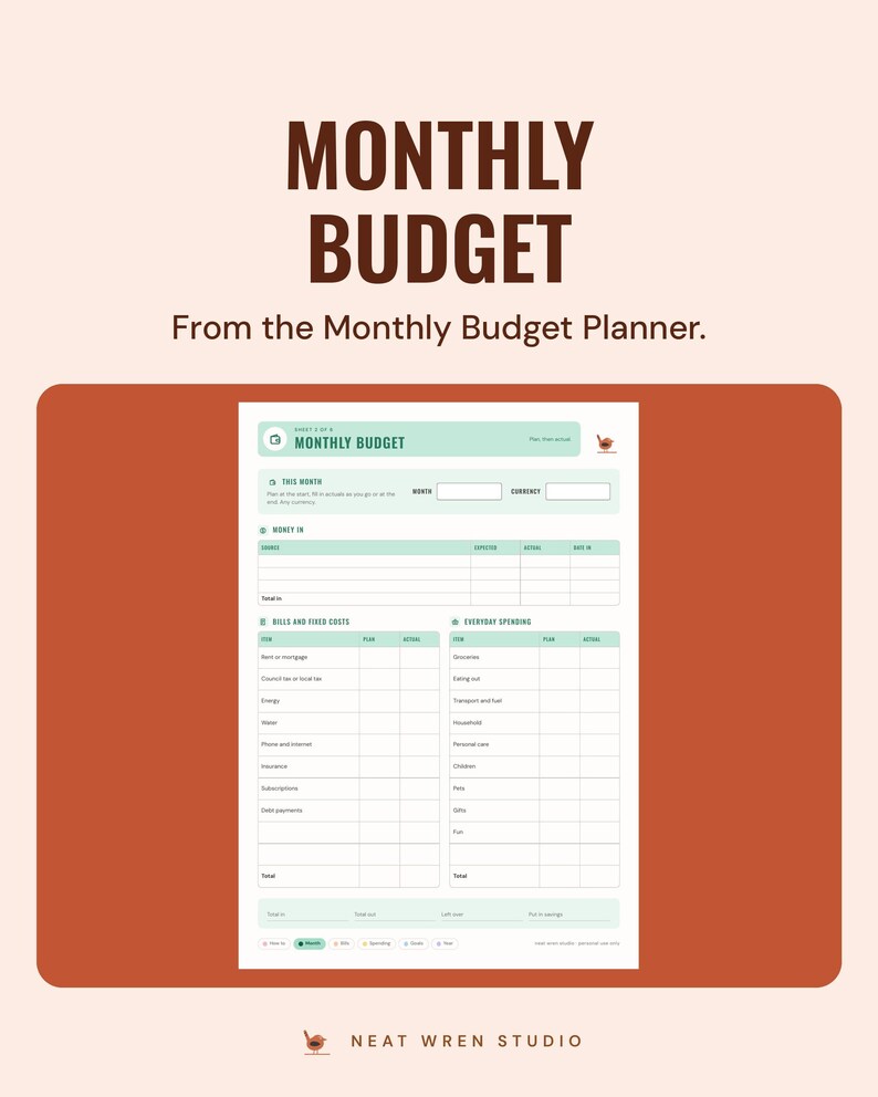 The monthly budget sampler page with money in, bills and fixed costs and everyday spending tables, under the headline Monthly budget, from the Monthly Budget Planner.