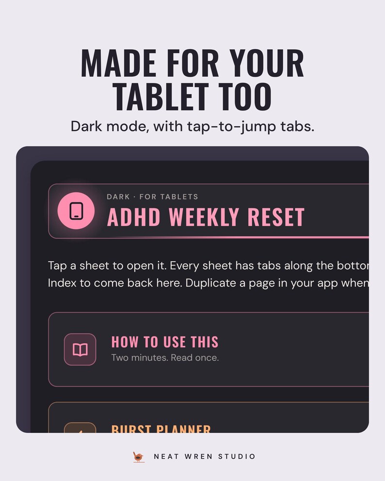 A tablet showing the ADHD weekly reset index page in dark mode, under the headline Made for your tablet too, and the line Dark mode, with tap-to-jump tabs.