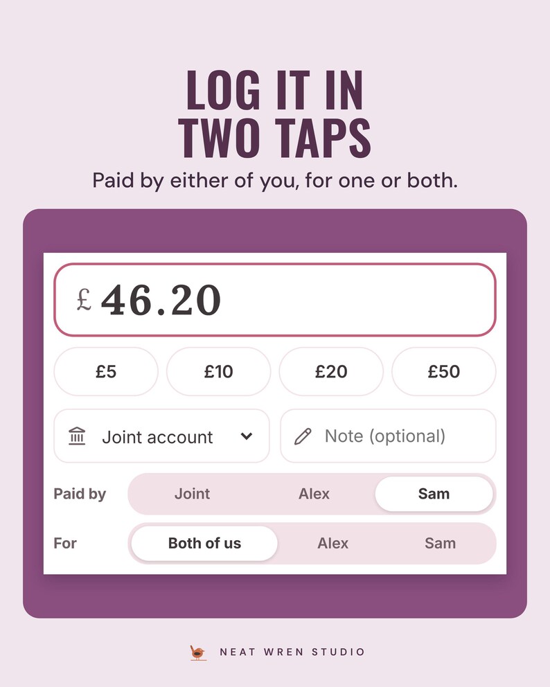 Logging a spend: amount, Paid by Joint, Alex or Sam, and For both of us, Alex or Sam