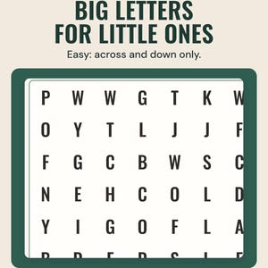 An easy Christmas word search grid in large capital letters, under the headline Big letters for little ones, and the line Easy: across and down only.