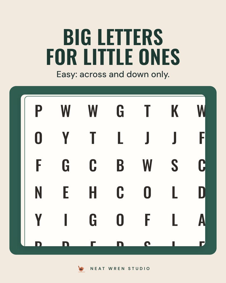 An easy Christmas word search grid in large capital letters, under the headline Big letters for little ones, and the line Easy: across and down only.