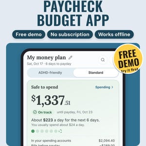 Paycheck Budget App: main listing photo showing the product with a 'Free demo' badge. Digital product from Neat Wren Studio.