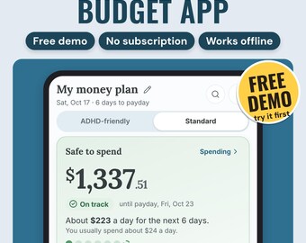 Pode incluir: Uma interface digital para um aplicativo de orçamento de salário exibindo um plano financeiro com um saldo disponível de $1.337,51. A tela mostra texto incluindo Free demo, No subscription, Works offline e Neat Wren Studio.