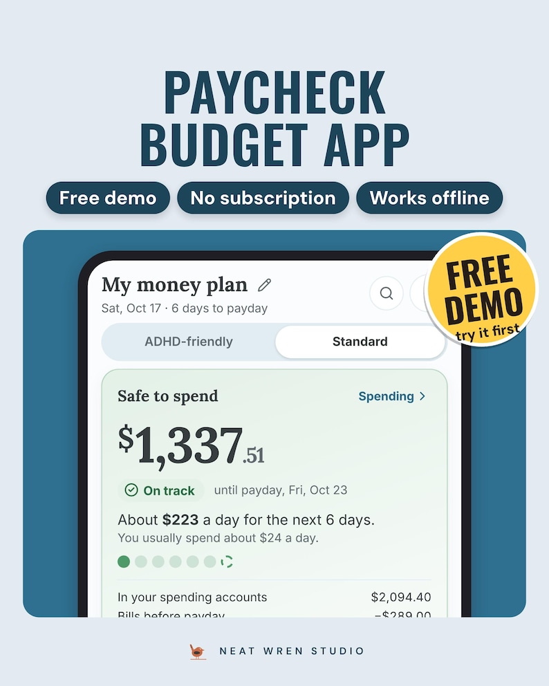 Paycheck Budget App: main listing photo showing the product with a 'Free demo' badge. Digital product from Neat Wren Studio.