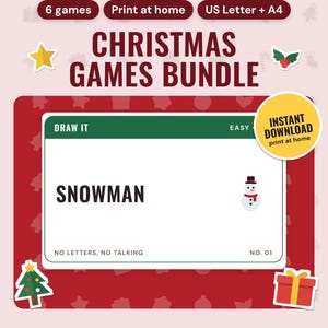 Christmas Games Bundle Printable US: main listing photo showing the product with an 'Instant download' badge and flat star, holly, Christmas tree and present icons. Digital product from Neat Wren Studio.