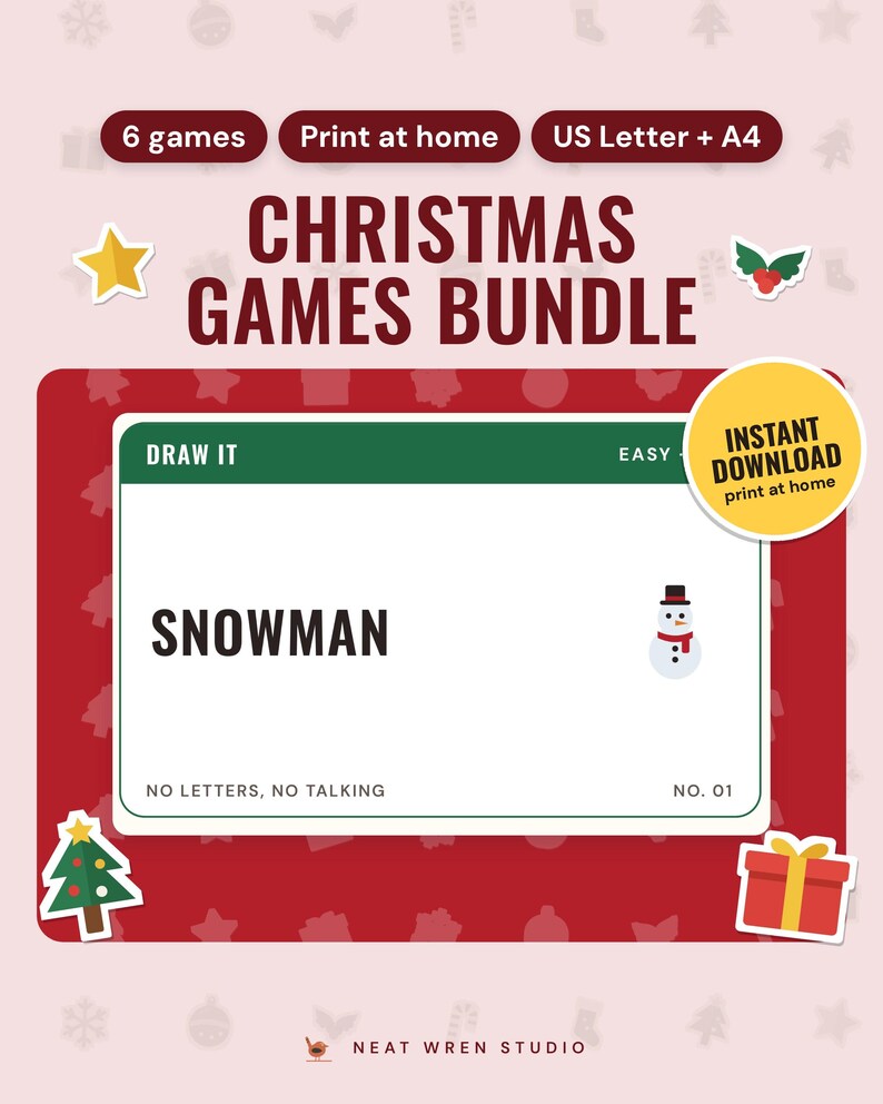 Christmas Games Bundle Printable US: main listing photo showing the product with an 'Instant download' badge and flat star, holly, Christmas tree and present icons. Digital product from Neat Wren Studio.