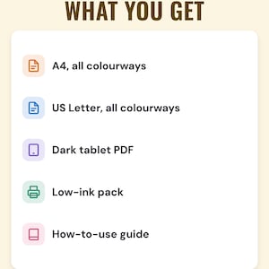 A white card under the headline What you get: A4, all colourways; US Letter, all colourways; dark tablet PDF; low-ink pack; and how-to-use guide.