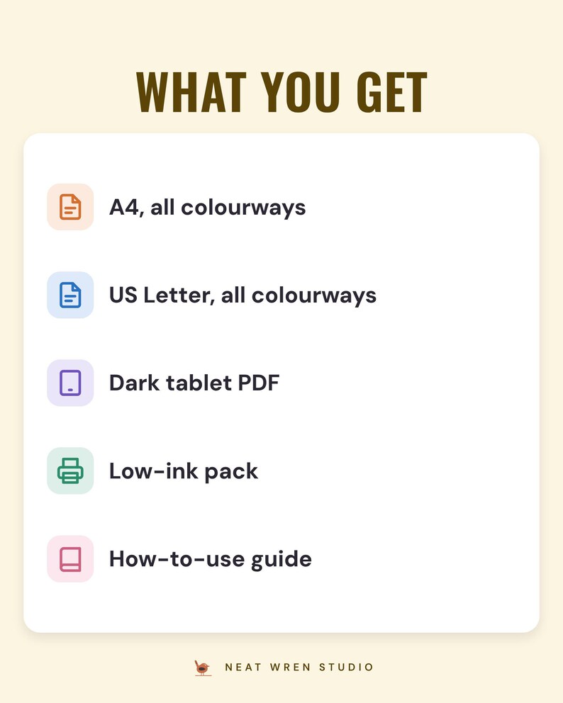A white card under the headline What you get: A4, all colourways; US Letter, all colourways; dark tablet PDF; low-ink pack; and how-to-use guide.