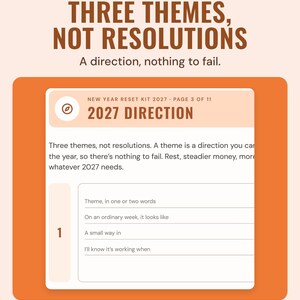 2027 direction page: three themes instead of resolutions, each with lines for what it looks like on an ordinary week and a small way in.