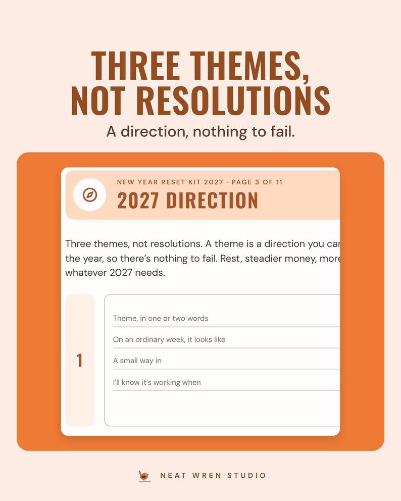 2027 direction page: three themes instead of resolutions, each with lines for what it looks like on an ordinary week and a small way in.