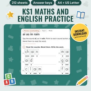 KS1 Worksheets Printable, Year 1 and Year 2 Maths and English Practice | Phonics, Handwriting, Spelling, Time, Money | Answer Keys, A4
