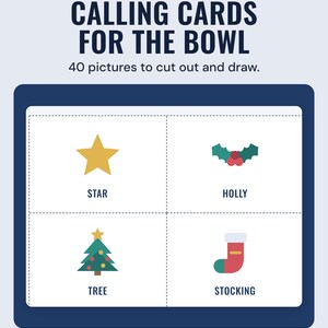 Four bingo calling cards to cut out, star, holly, tree and stocking, under the headline Calling cards for the bowl, and the line 40 pictures to cut out and draw.