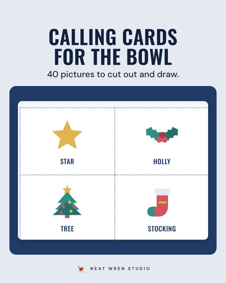 Four bingo calling cards to cut out, star, holly, tree and stocking, under the headline Calling cards for the bowl, and the line 40 pictures to cut out and draw.