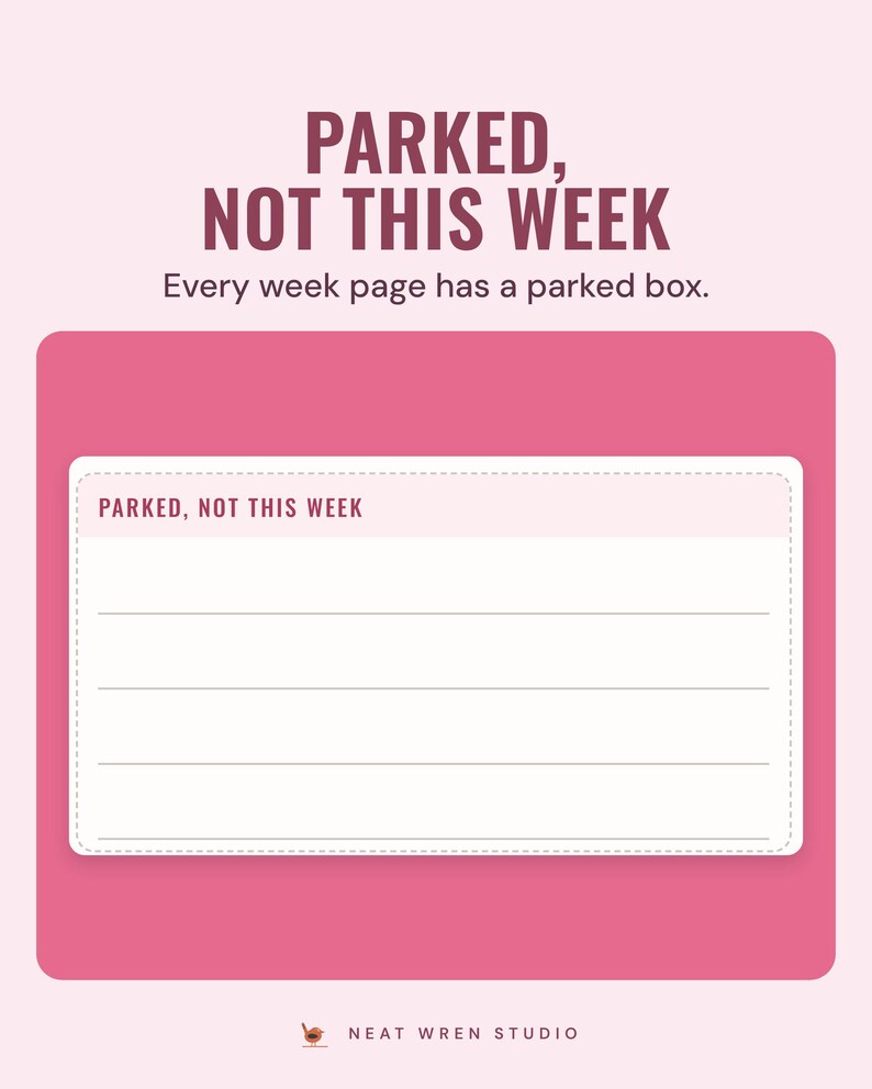 The dashed Parked, not this week box from a weekly page of the 2027 planner, with lines for things put aside until later.