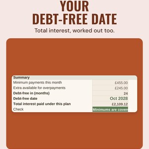 The summary box with debt-free in 24 months, a debt-free date of Oct 2028 and £2,109.12 total interest, under the headline Your debt-free date.